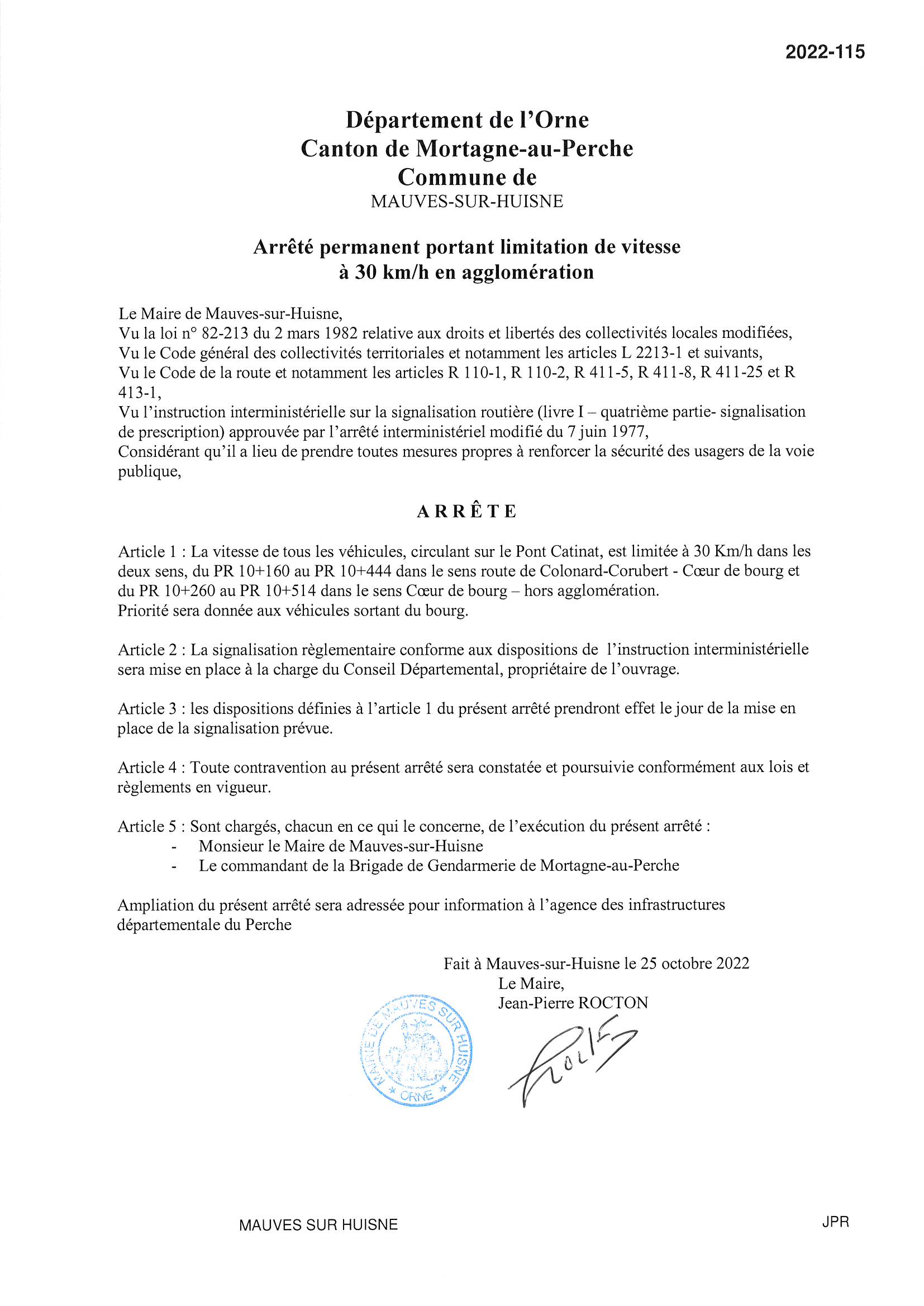 2022 115 LIMITATION VITESSE PONT CATINAT