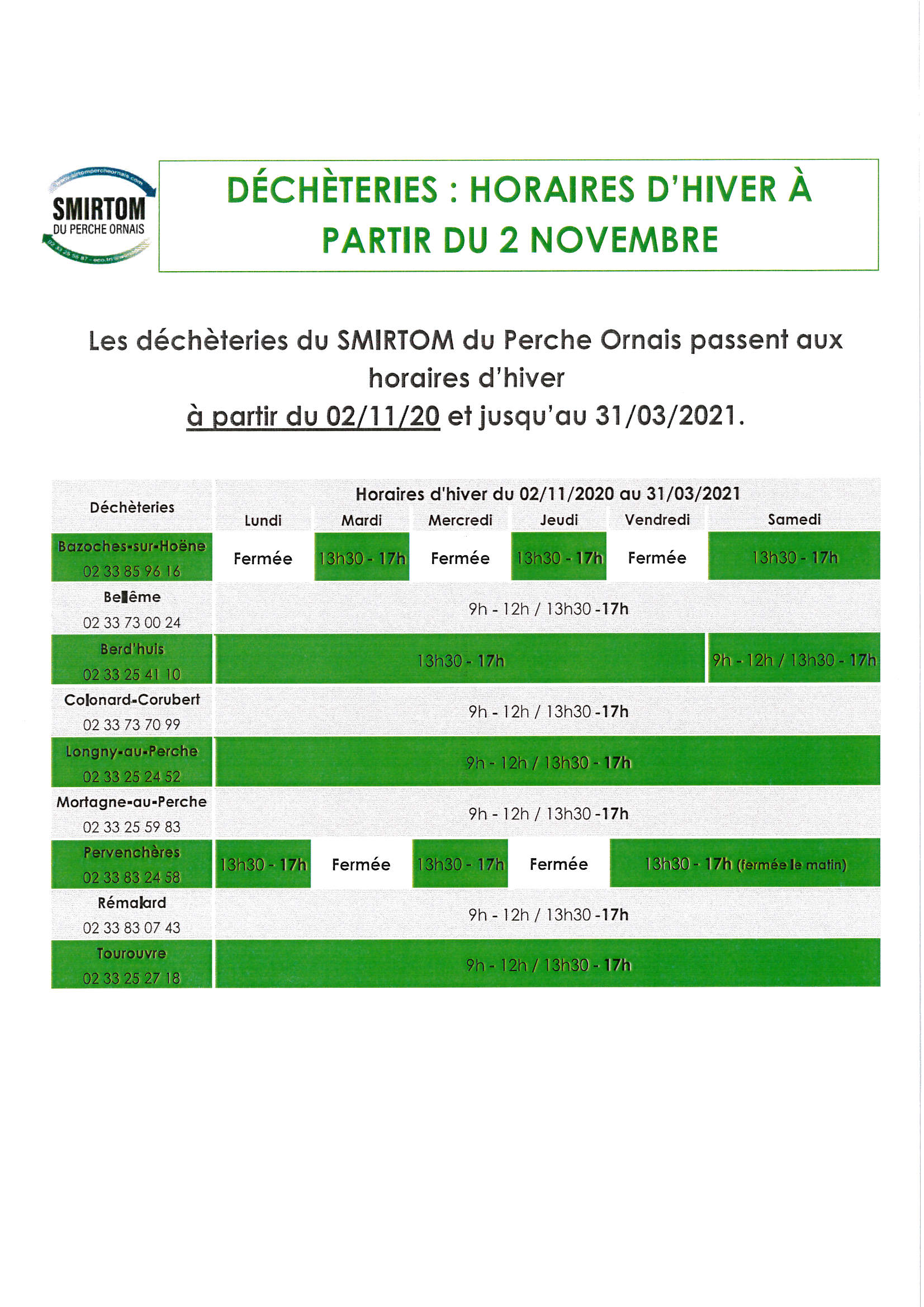SIRTOM HORAIRE HIVER